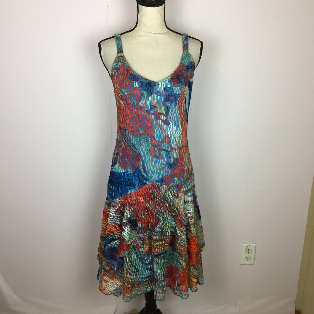 Vintage Tango Mango Flare Dress Size M Womans Blue Red Lace Tiered Sleeveless